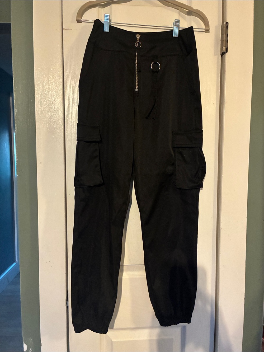 wild fable Black Cargo Zip Jogger Pants with O-Ring .. satin look and feel